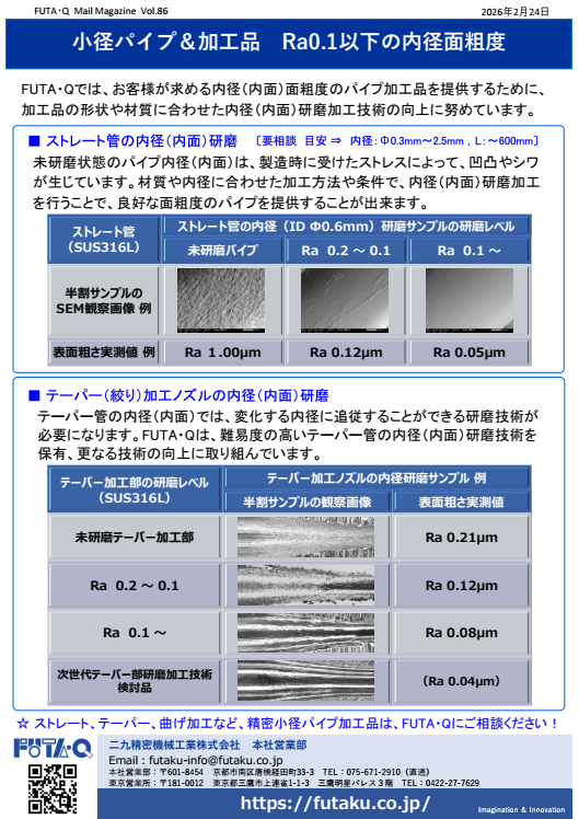vol.86 小径パイプ＆加工品　Ra0.1以下の内径面粗度