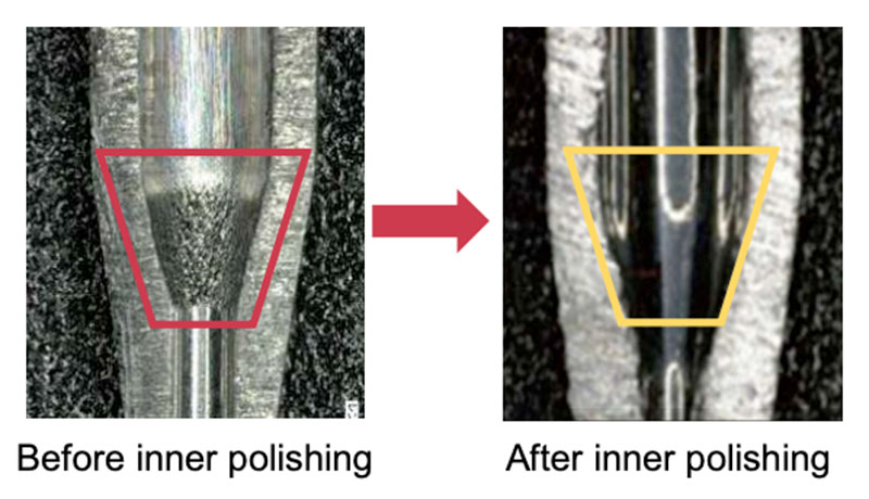 Inner surface polishing for tapered (drawn) areas