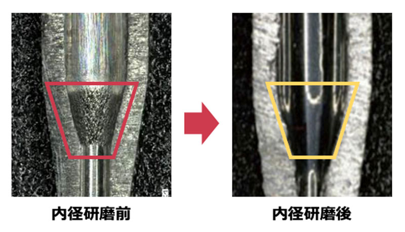 テーパー(絞り)加工部分の内径(内面)研磨